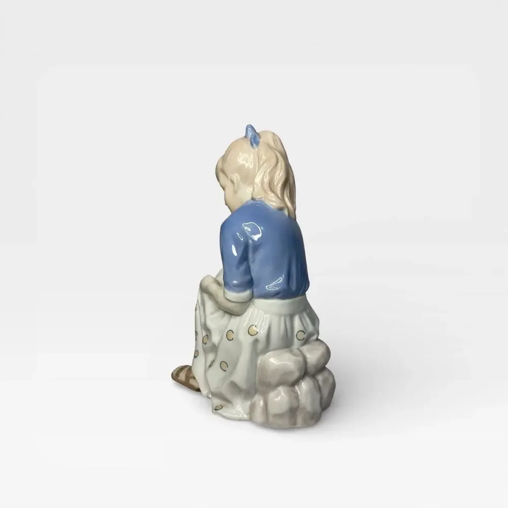 Andrea by Sadek Porcelain Figurine Girl Sitting Blue Top Polka Dot Skirt Japan